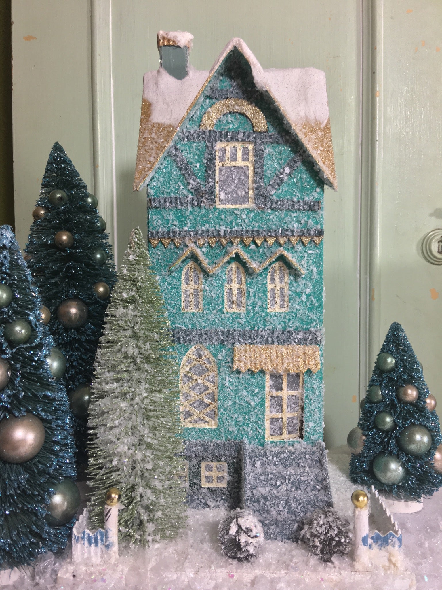 Teal Townhouse | Putz Christmas Houses | Glitter House - TheHolidayBarn.com