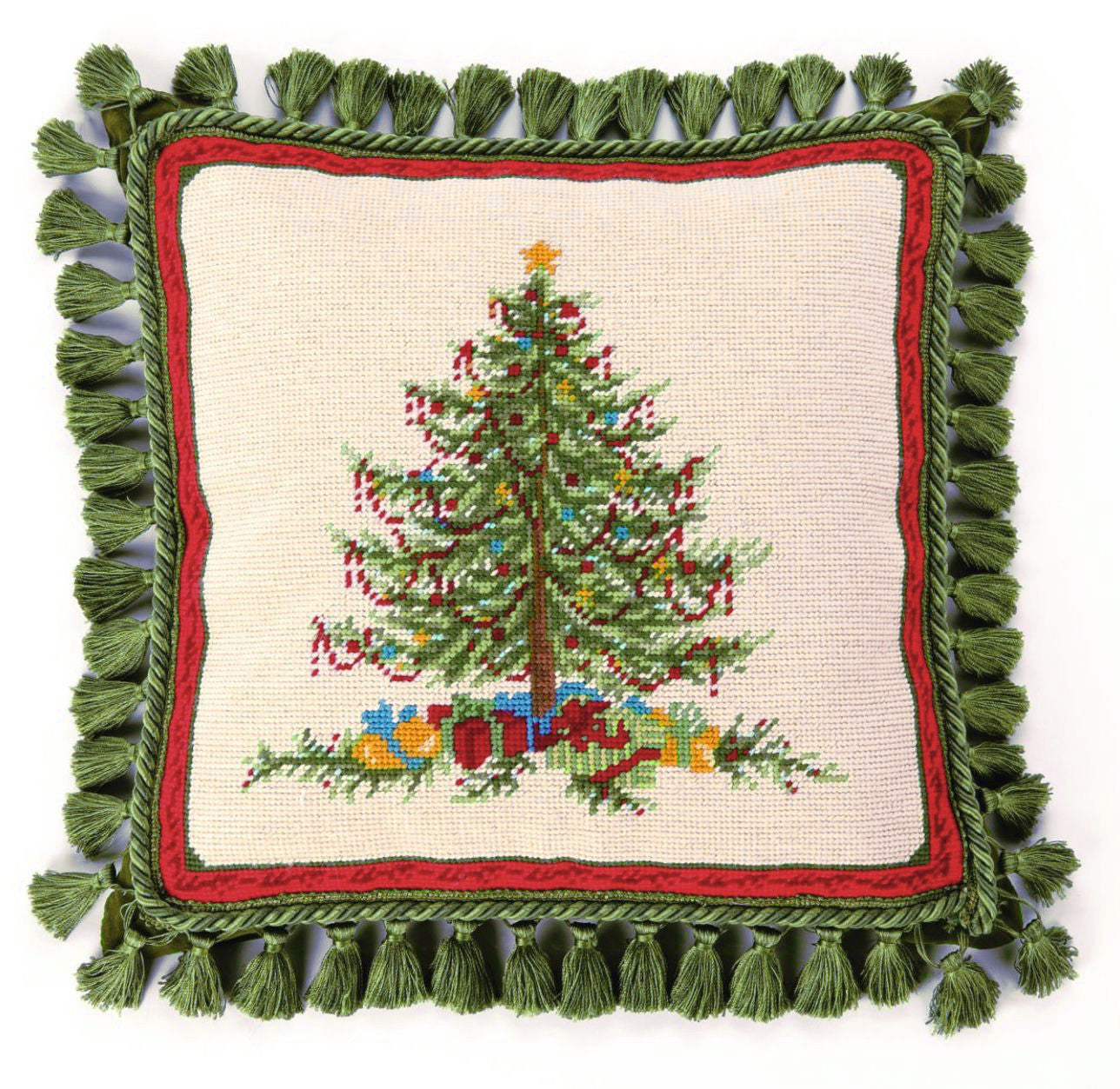 Victorian Christmas Needlepoint Pillow with Tassels | Christmas Pillow