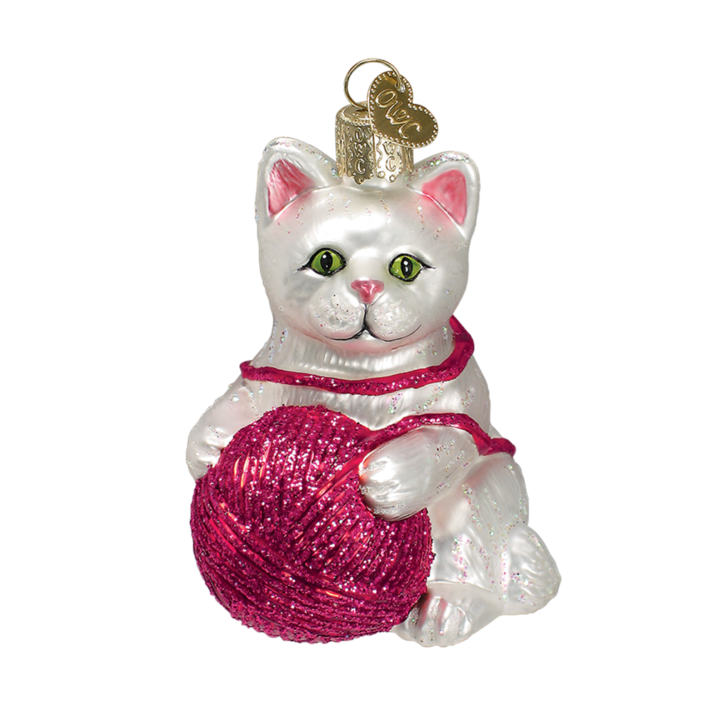 Playful Kitten with Yarn Ball Ornaments Old World Christmas Glass Cat