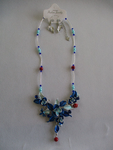 Red Blue Glass Beads Silver Tube Spacer Beads Blue Metal Flowers Lady Bug Dragon Fly Bib Pendant Necklace with Earrings (NE536)