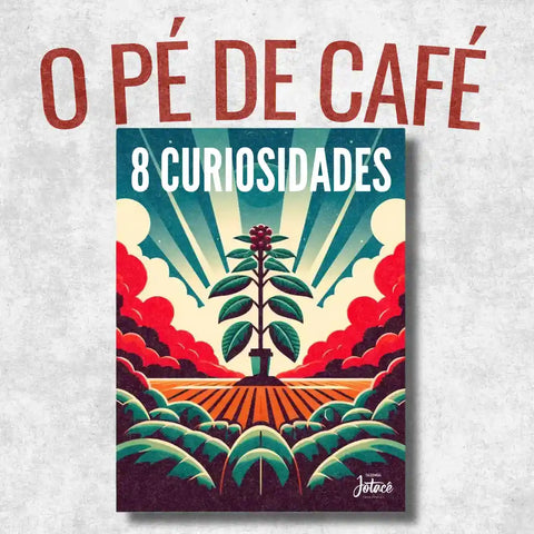 Design colorido destacando uma plantação de café crescendo sob um céu azul, com nuvens brancas, cercada por plantas e arbustos, simbolizando a origem e o desenvolvimento do café.