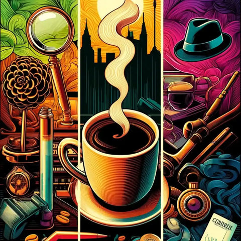 Xícara de café com vapor artístico em fundo de objetos vintage