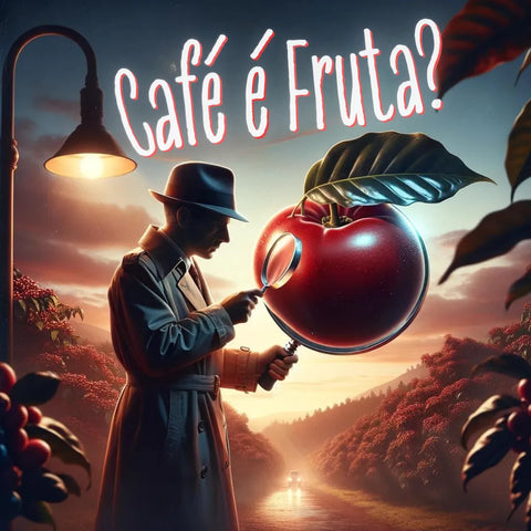 Detetive analisando um fruto de um café em busca da resposta para a pergunta: Café é fruta