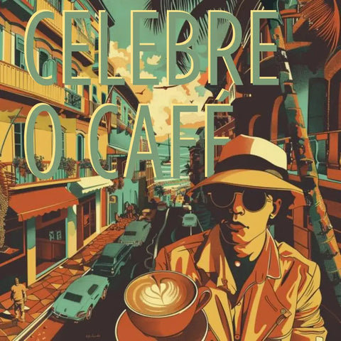 Homem estiloso segurando uma xícara de café em uma rua animada com o texto 'Celebre o Café'.