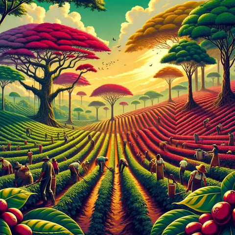 Uma plantação de café repleta de agricultores colhendo os frutos maduros, com fileiras de plantas organizadas em um ambiente exuberante e colorido.