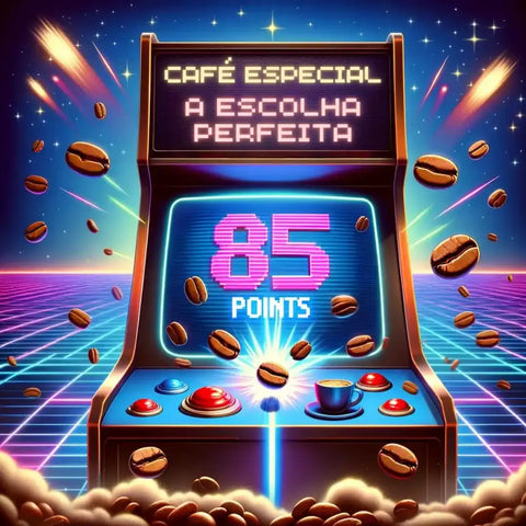 Maquina arcade de café especial estilo anos 80 marcando 85 pontos em sua tela