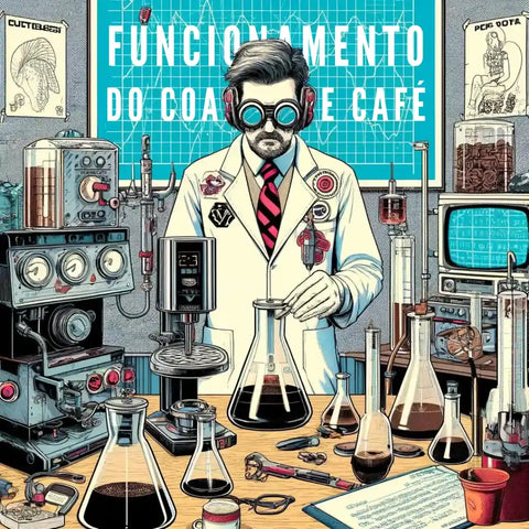 Laboratório de café com cientista examinando diferentes métodos de filtragem de café e equipamentos de barista ao redor.