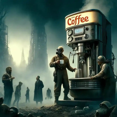 Soldados e civis em torno de uma máquina de café gigante em uma cidade destruída por guerra ou desastre.