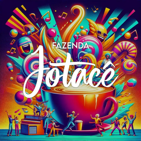 Pessoas celebrando os sabores ao redor de uma xícara gigante de café da Fazenda Jotacê