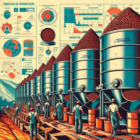 Representação artística do processo de fermentação do café, com tanques metálicos cheios de grãos, trabalhadores atuando na produção, e um gráfico informativo ao fundo.