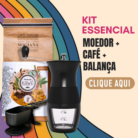 Kit essencial de café - Moedor, café e balança disponíveis na Fazenda Jotacê. Clique aqui.