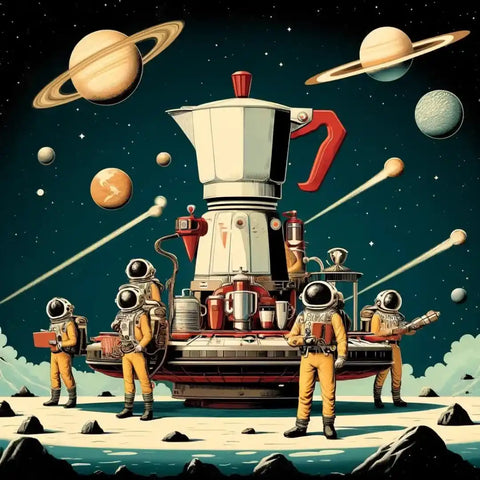 Cafeteira italiana gigante no espaço, e astrounautas explorando novas fronteiras do café