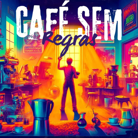 Homem experimentando diferentes métodos de preparo de café em um ambiente vibrante e colorido e o texto: Café Sem Regras