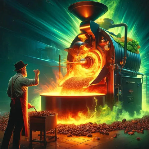 Processo de torra de café em uma torrefação, com destaque para as chamas intensas e grãos voando.