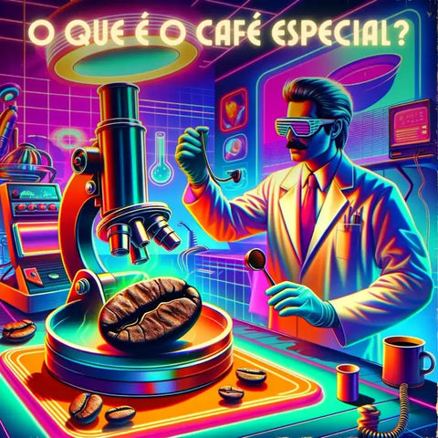 Cientista retro futurista examinando grão de café gigante em uma lupa