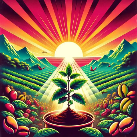 Uma paisagem serena com uma grande árvore, montanhas ao fundo, e agricultores trabalhando em fileiras de plantas de café, simbolizando a longevidade e o ciclo contínuo da cultura.