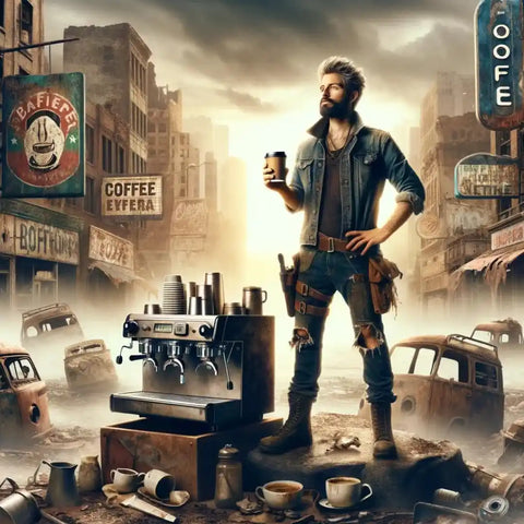 Homem barbudo e estiloso com xícara de café diante de uma paisagem urbana pós-apocalíptica.