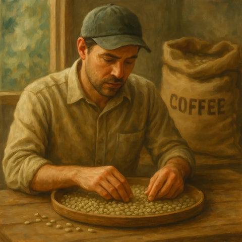 Produtor de café selecionando manualmente grãos crus em uma peneira de madeira, com saco de café ao fundo, representando o trabalho artesanal e o custo elevado do café do jacu.