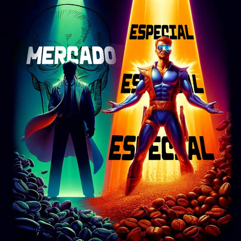 Super-herói em posição de poder entre grãos de café com os textos 'Mercado' e 'Especial' destacados.
