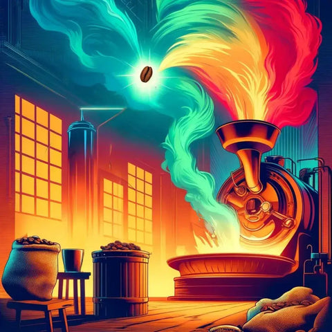 Grãos de café iluminados por uma fusão colorida em uma torrefação, realçando o processo mágico da torra.