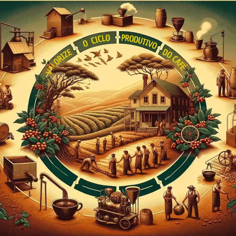 Uma representação do ciclo produtivo do café, destacando agricultores, a colheita dos grãos, o processo de fermentação, torra e moagem, culminando na preparação da bebida.
