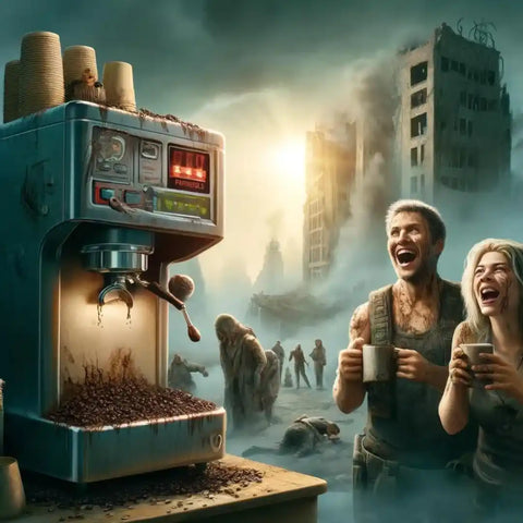 Casal sorridente desfrutando de café em meio a um cenário apocalíptico com zumbis ao fundo.