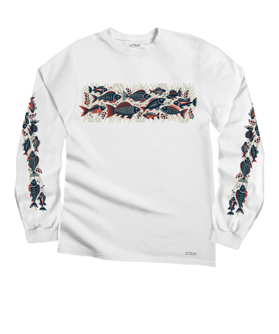 Woodcut Fish Band - White Long Sleeve Crewneck T-Shirt
