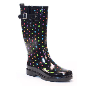 black and white polka dot rain boots