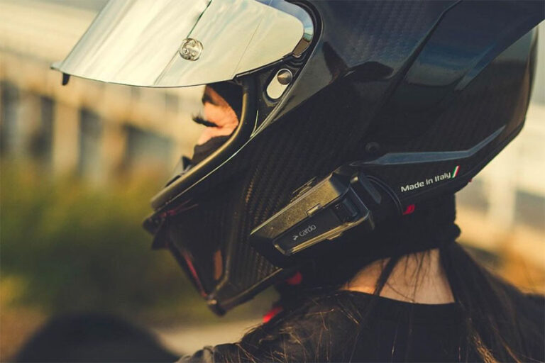 closeup biker helmet bluetooth device