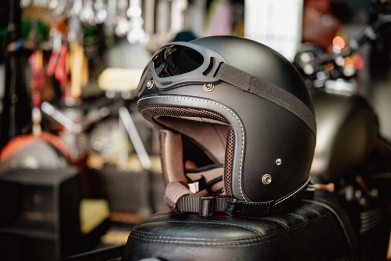 motorcycle helmet at motorcycle garage