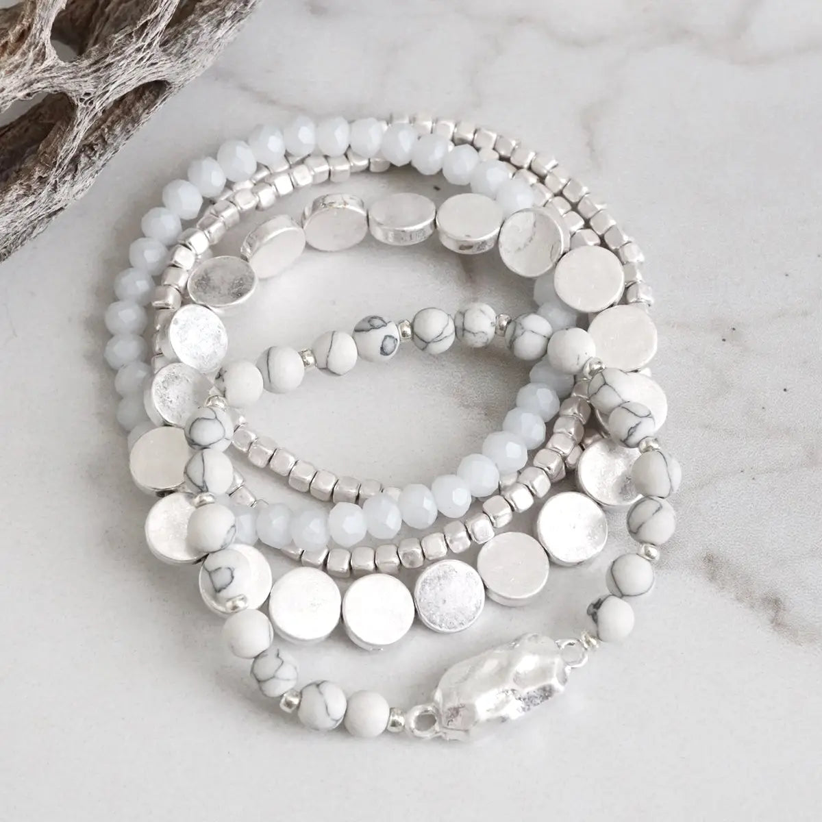 5 Piece Boho Beaded Bracelets Stack Semi Precious Metal Glas-White
