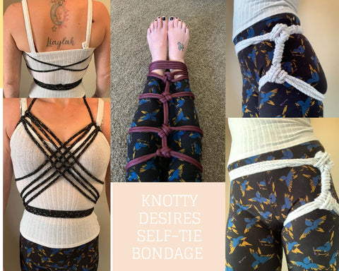 Chest harness, hip harness, and leg and ankle self tie bondage collage.