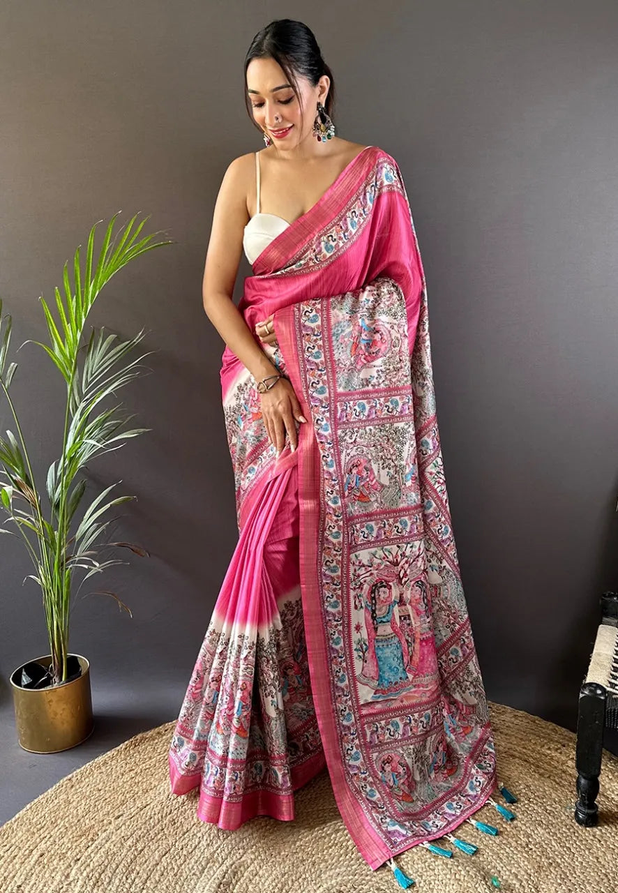 Tussar Silk Madhubani Digital Printed Saree (Product Code: AS-670)
