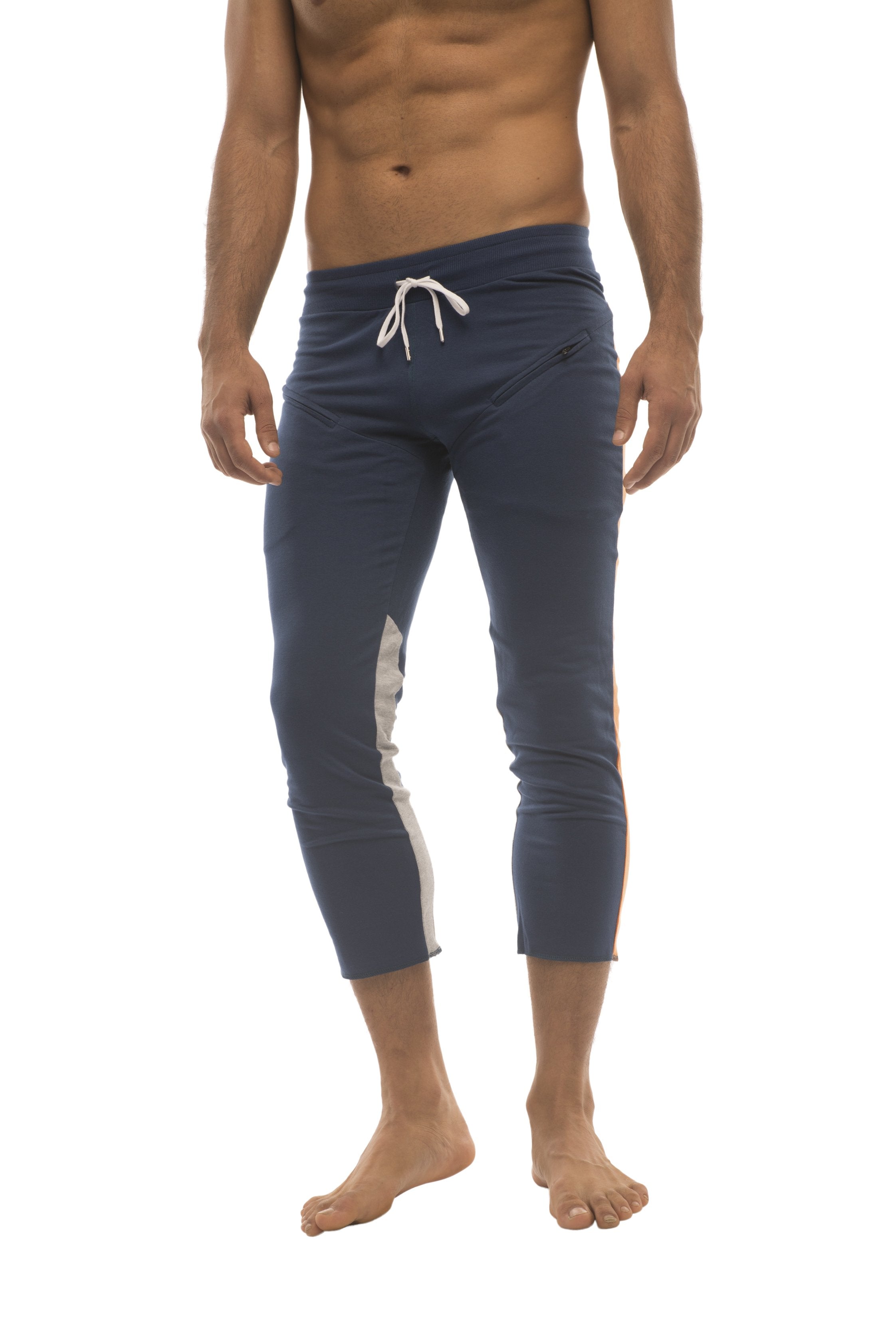Mens 4/5 Zipper Pocket Capri Yoga Pants (Royal w/Orange & GREY) - 4-rth