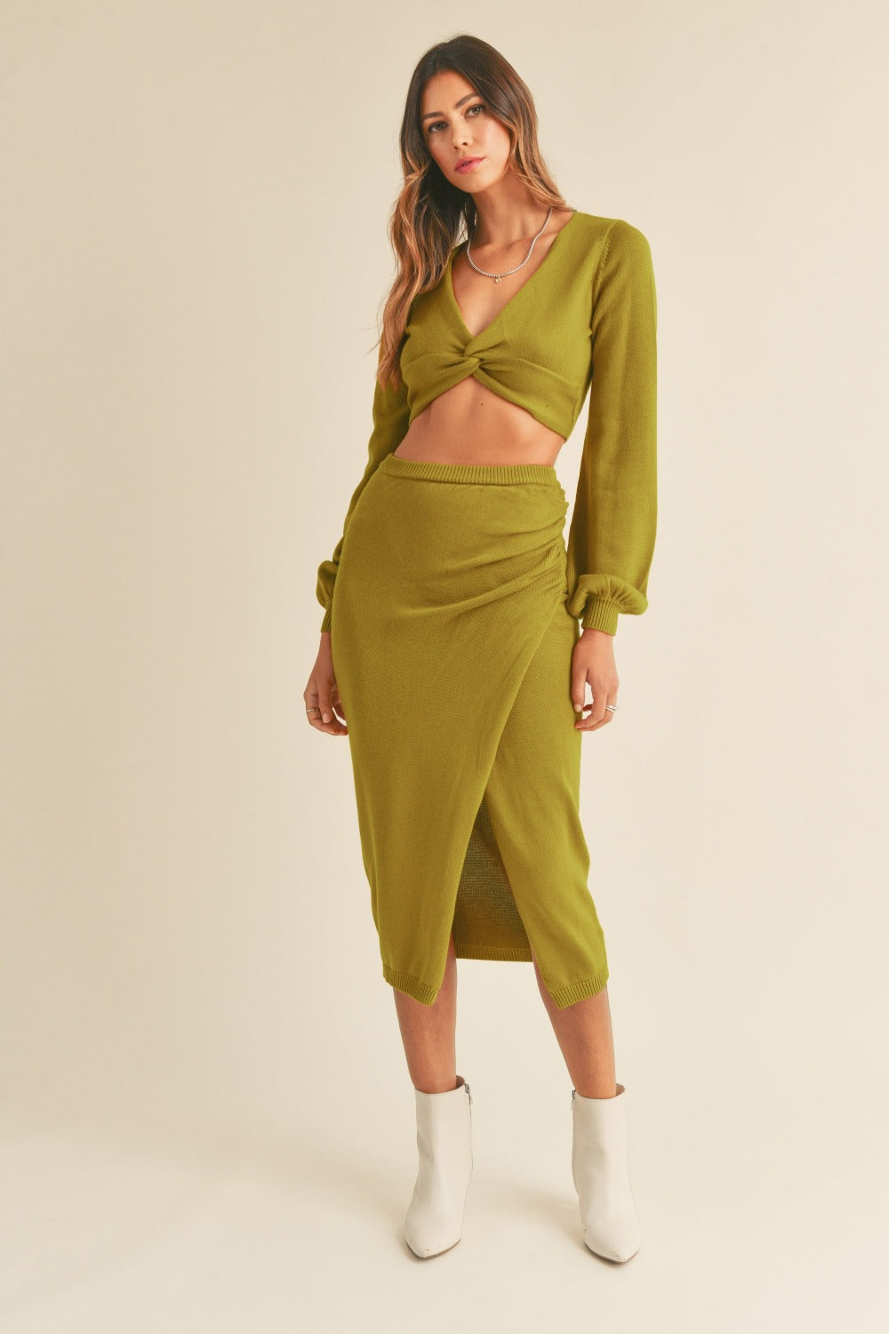 Front Twisted Knit Top and Midi Skirt Set - Green