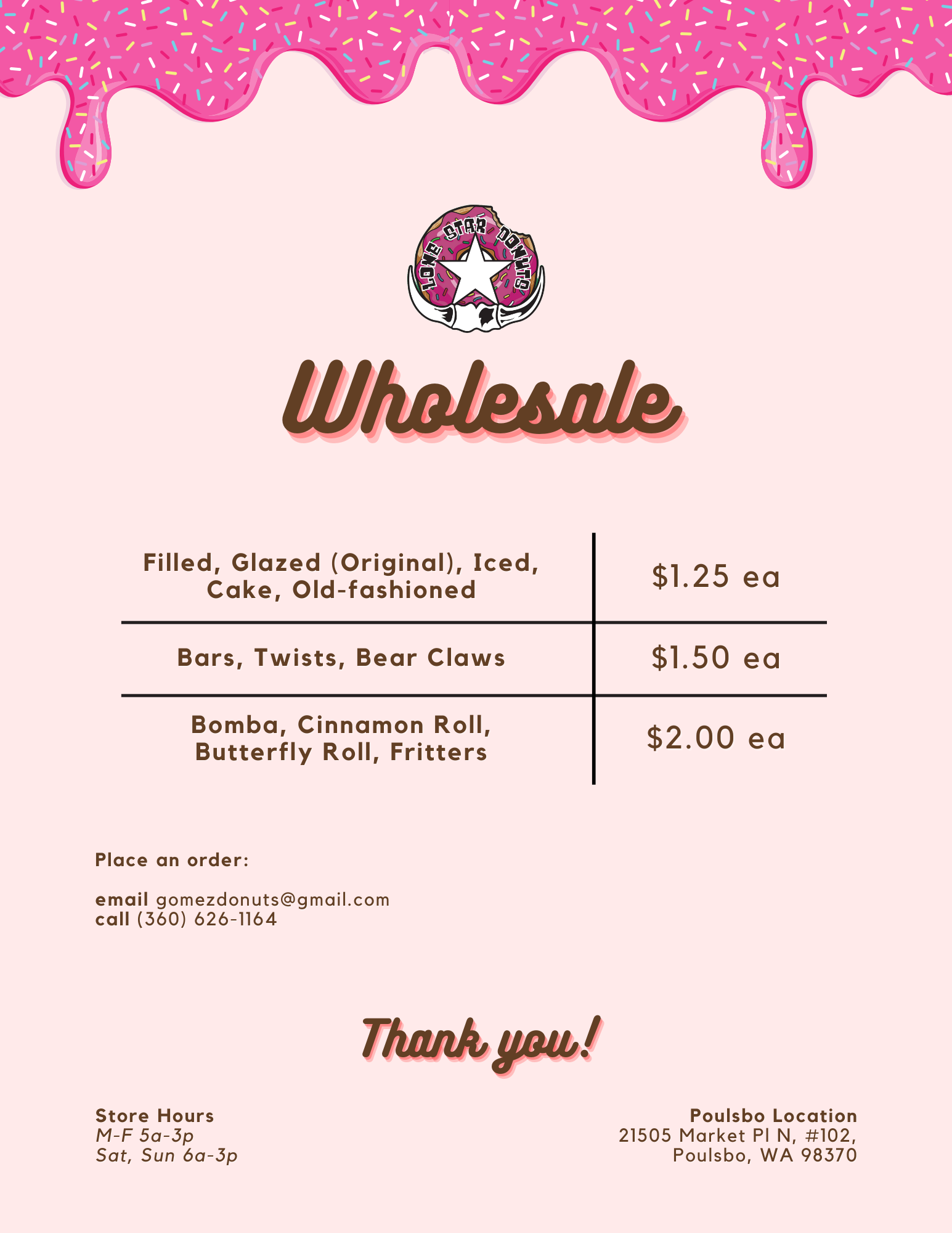 Lone Star Donuts Wholesale Menu