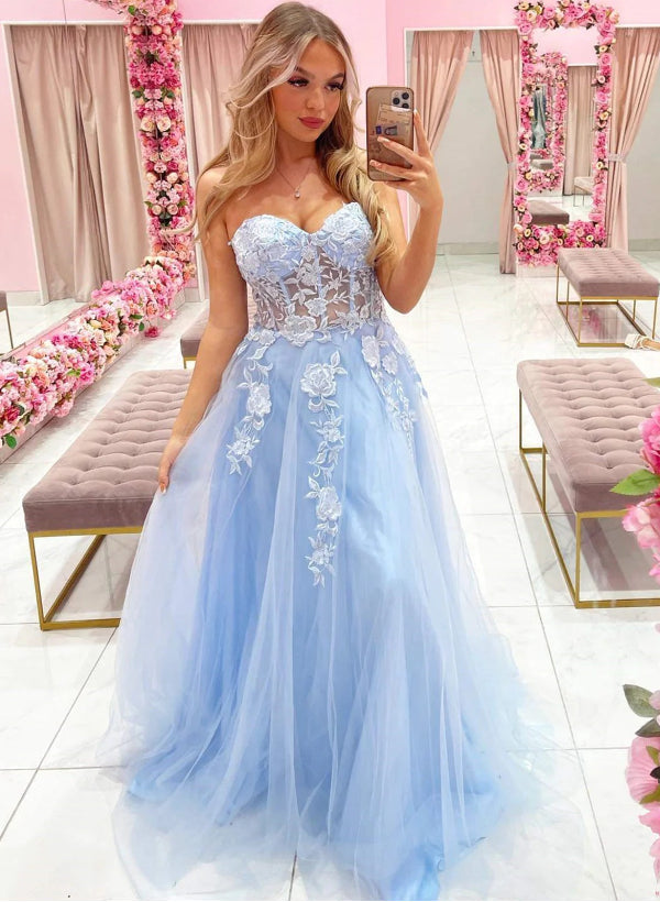 A-Line Sweetheart High Low Light Blue Lace Prom Dresses with Appliques –  QueenaBridal