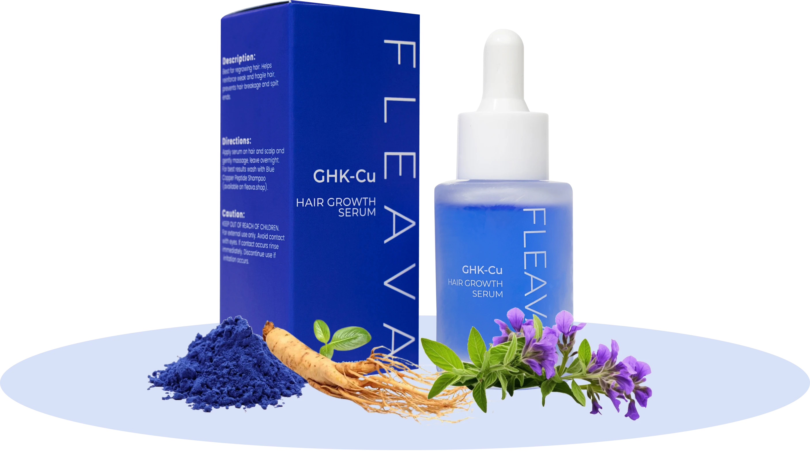 A bottle and box of FLEAVA GHK-Cu Hair Growth Serum with botanical ingredients.