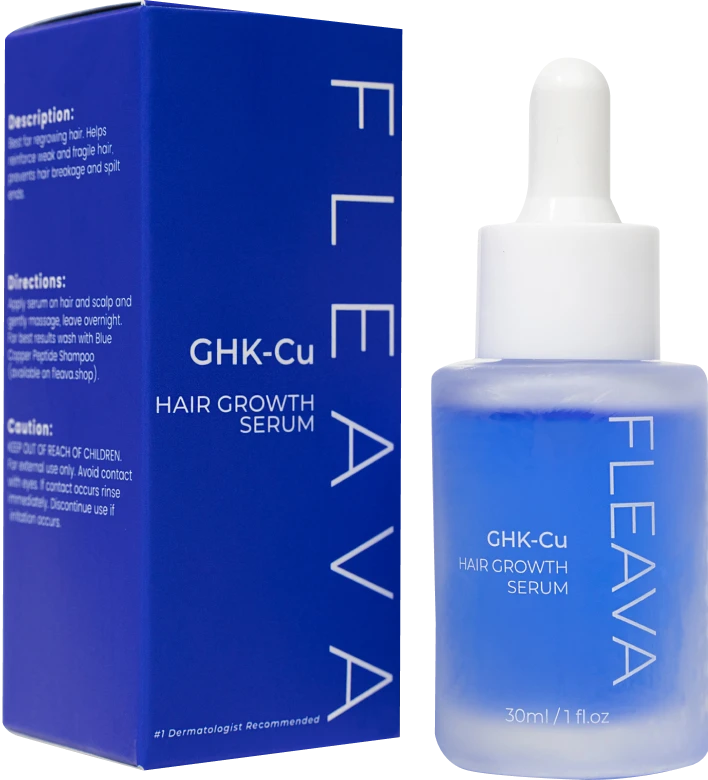 Blue box and bottle of Fleava GHK-Cu Hair Growth Serum.