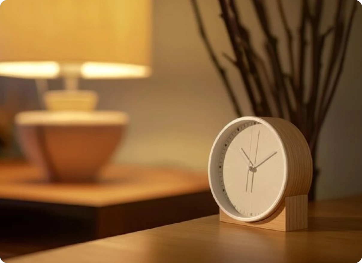 A modern wooden clock on a wooden table, with a lamp and plant in the background.