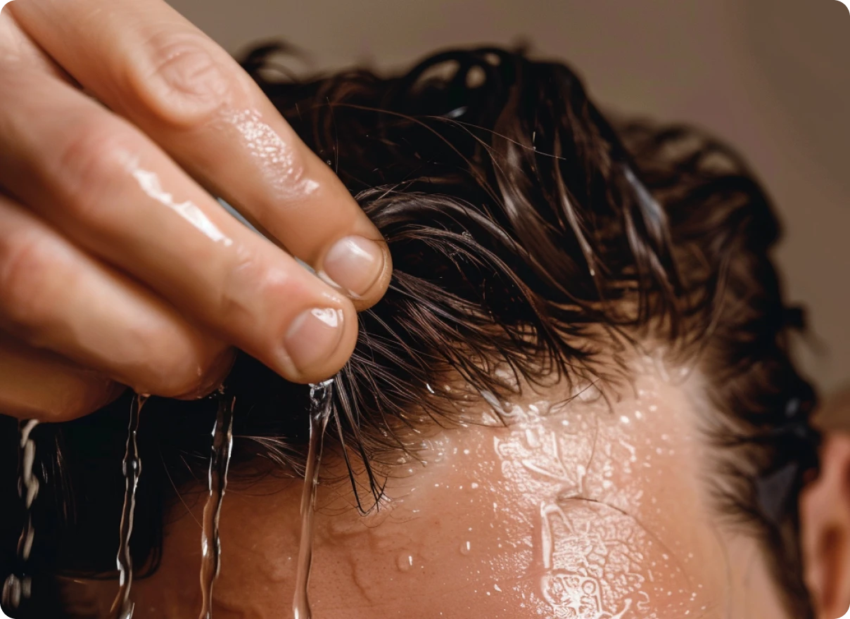 Close-up of a person rinsing water through their wet hair.