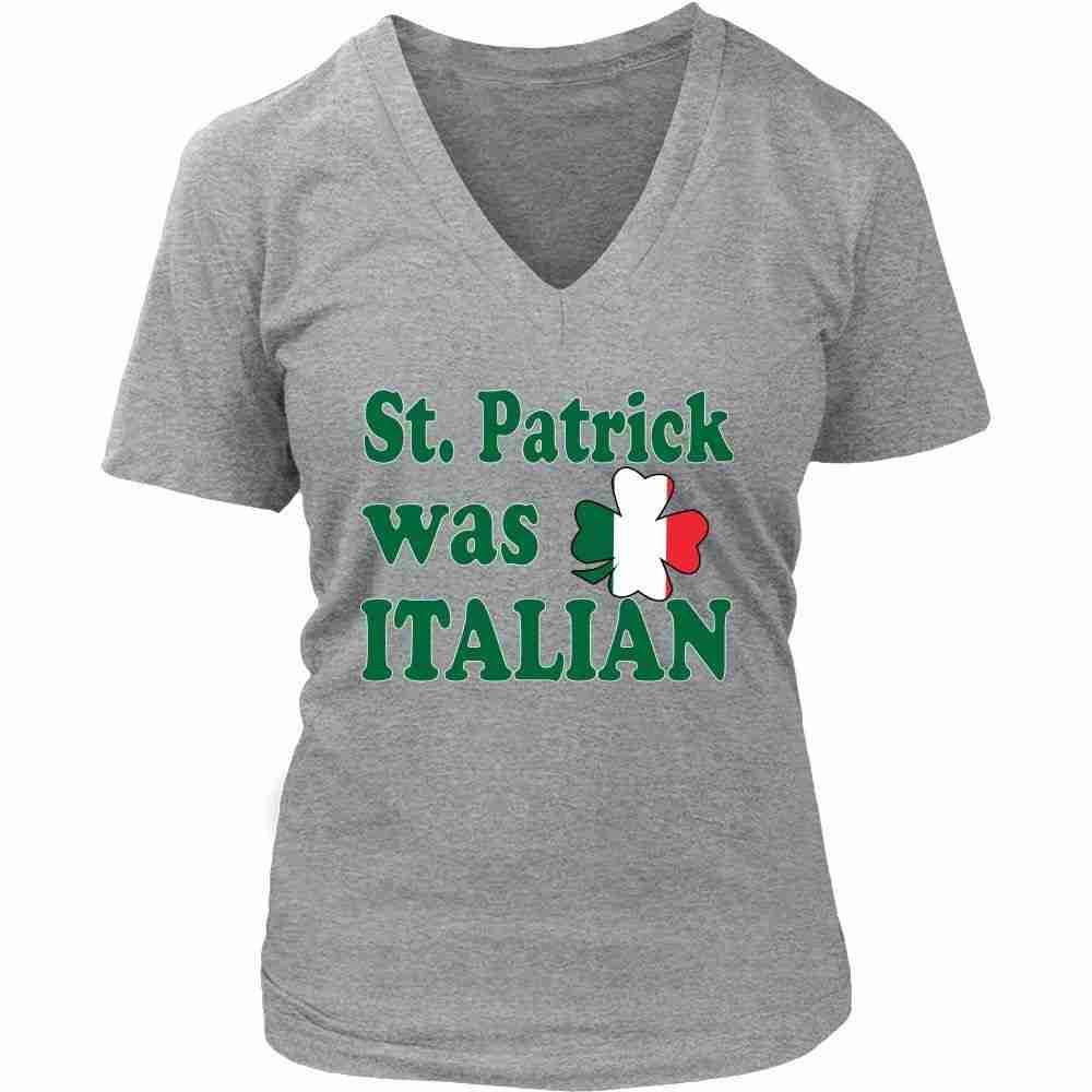 photo of a black t-shirt featuring the Italian flag, a shamrock and the words 'St. Patrick Was Italian' underneath it.