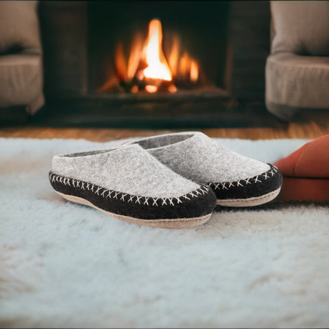 Indoor Open Heel Slipper With Leather Sole - Black & Grey - Woollyes