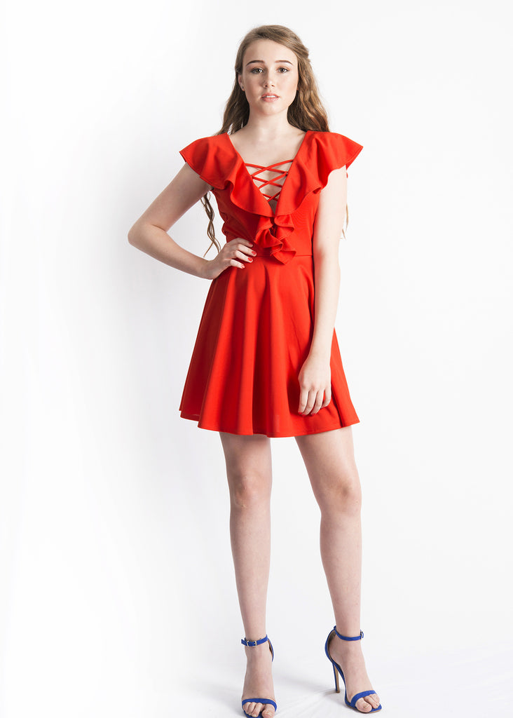red cape pleated detail skater dress