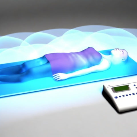 person using pemf therapy for its health benefits. the pulsed electromagnetic fields surround an individual as she lays for her pemf therapy session.