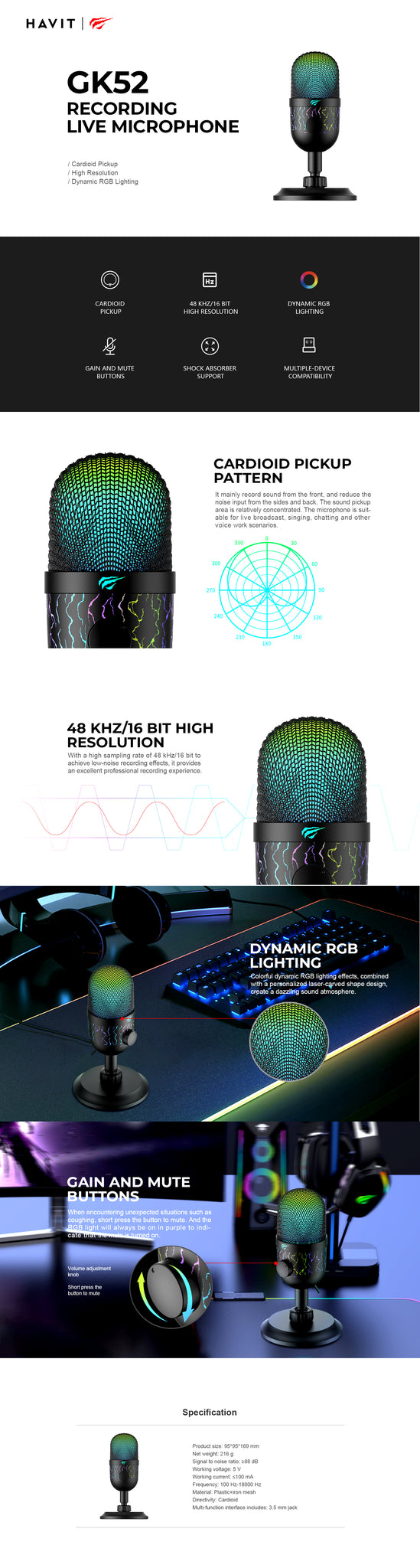 Microphone Gamer Filaire HAVIT GK52 Cardioïde RGB - Noir