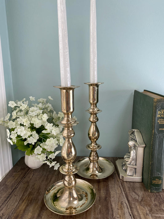 Vintage Brass Candlesticks, Pair of Candle Holders with Glass