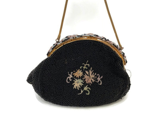Vintage Beaded Purse Black and Red Flowers Made in Hong Kong