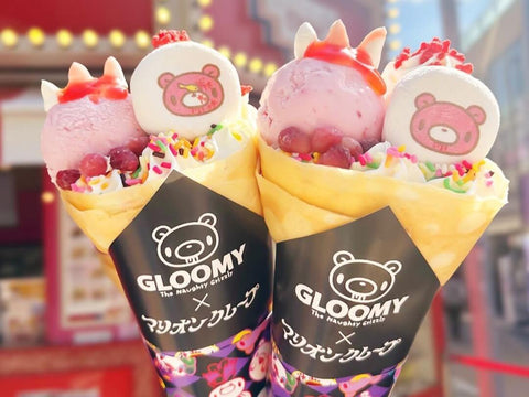 Two Japanese crepes featuring Gloomy Bear with ice cream on top