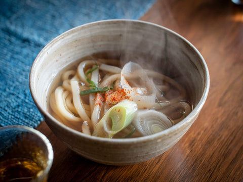 A bowl of simple udon in a broth with green onions and chili pepper on top